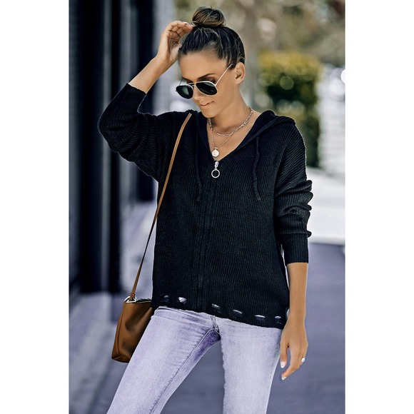 Zip-Up Distressed Hooded Cardigan- Four Colors Available - Picture 4 of 11